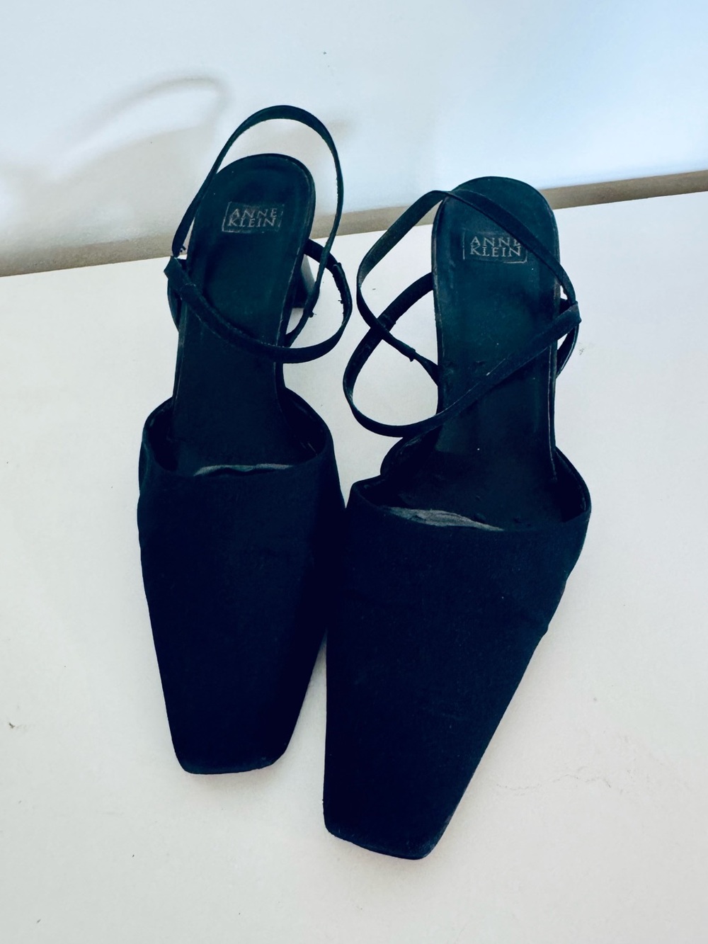 Anne Klein Black Pointed Square-Toe Slingback Heels
